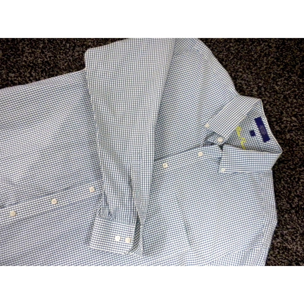 Alan Flusser Shirt Mens L Green Blue Gingham Oxford Button Down‎ Long Sleeve